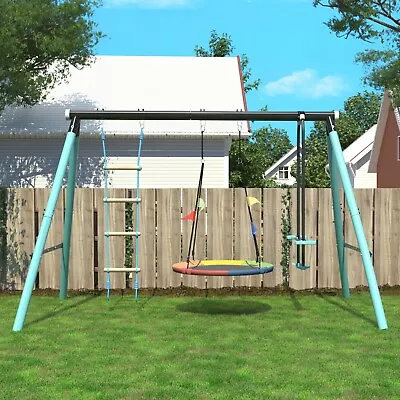 Kids Swing Set PlayFrame Nest Tree Swing Climbing Ladder Seesaw Metal Frame Blue • £157.98