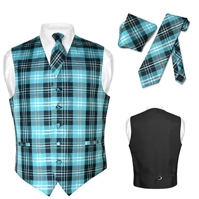 Men's Plaid Design Dress Vest NeckTie Black TURQUOISE White Neck Tie Hanky Set • $24.95