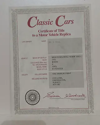 Danbury Mint Mercedes Benz 1931 Roadster Certificate ONLY • £5.99