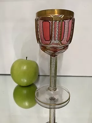 Heavy Bohemian Moser-Style Glass Wine Goblet Clear  Red Cabochon & Gold • $110