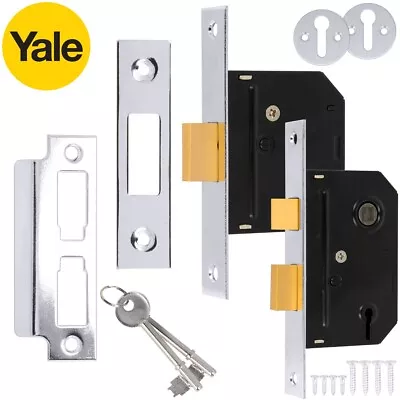 YALE Chrome SASH/DEAD LOCKS 3 Lever Wood Door Security Latch Catch Bolt 2 Key UK • £11.58