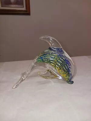 Vintag Murano Sommerso Art Glass Dolphin Sculpture Cobalt Blue Green Gold Silver • $39.95