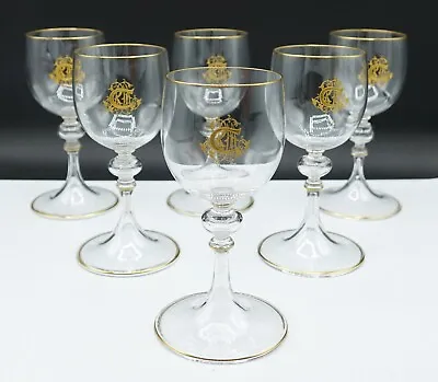 French Baccarat Crystal Beauvais Wine Glasses Gold Trim & Rim MC Monogram Set 6 • $1650