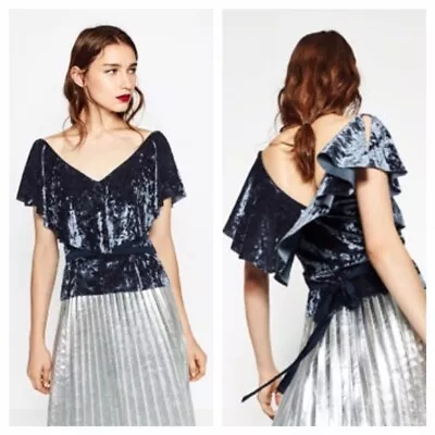 $15 • Buy ZARA Womens Velvet Top Slit Sleeves W/ Waist Tie Dark Slate Blue Size Large L