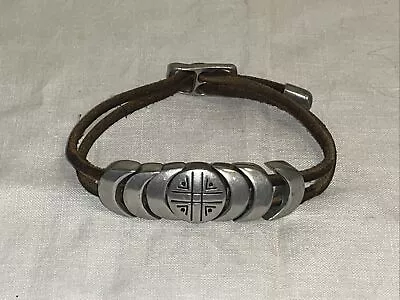 Vintage Native American Indian Brown Leather Bracelet Silver Tone Jewelry • $66.60