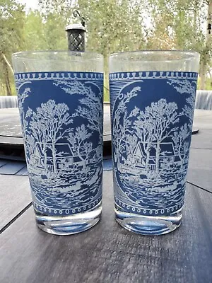 Vintage Currier And Ives Blue 5 1/2”  Tall Tumbler Glassware Set Of 2 Old Mill • $11.99