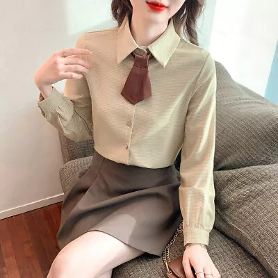 Women Autumn Spring Long Sleeve Collared Button Plaid Bow Tie Shirts Blouse Tops • $11.32
