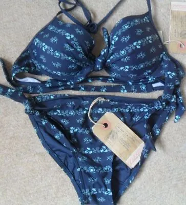 Fat Face Blue Mix Clover Print Wired Padded Halterneck Side Tie Bikini  Size 12 • £29.99