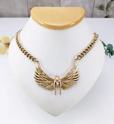 $19.47 • Buy Pegasus Flying Horse Bib Necklace On Chunky Curb Chain, Gold Tone