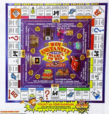 McDonalds Monopoly Contest Vtg Restaurant Placemat Tray Liner Game Board Poster  • $9.95