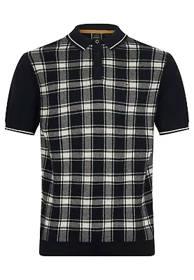 Mens Merc London Check Front Jacquard Knit Polo Shirt Lawrence - Navy Blue • $72.20