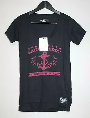 Sailor Jerry Spiced Rum NEW Black V-Neck T-Shirt Womens Medium • £17.35