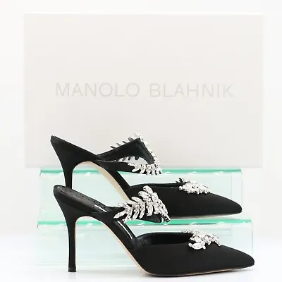 Manolo Blahnik Lurum 90 Womens Crystal Heels Uk 3 Eu 36 Black Satin Rrp £1075 Eg • £293.70