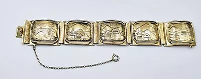 Vintage Asian Scenes Panel Bracelet Etched Goldtone 7.25  Safety Chain • $25