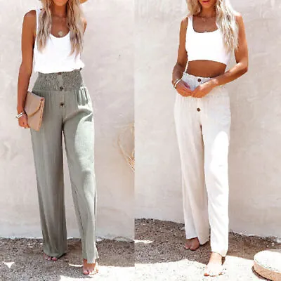 Women Cotton Linen Trousers Ladies Summer Casual Elastic Waist Pockets Pants • £9.21