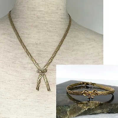 Gold Vermeil Sterling Silver 925 Italy Bow Herringbone Necklace & Bracelet Set • $85