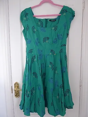 Lady Vintage Dress Swing Rockabilly Lindy Hop 50s Fit & Flare Green Print  Sz 14 • £10