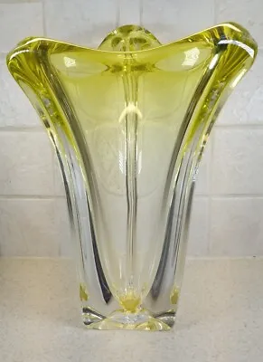 Huge Vintage MCM Val St Lambert Crystal Vase 13  Green Signed Heavy Belgium 50's • $199.99