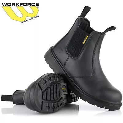 Mens Workforce Dealer Chelsea Safety Steel Toe Cap Leather Work Pull On Boots Sz • £24.95