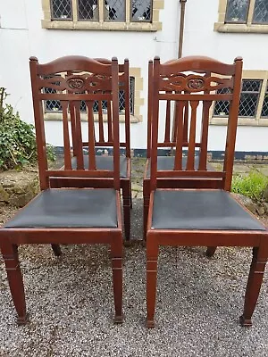 A Beautiful Set 4 Antique Edwardian Art Nouveau Dining Chairs With Carved Backs • £199