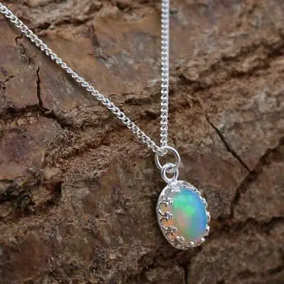 Dainty Natural Ethiopian Welo Opal 925 Sterling Silver Pendant Necklace Gift Box • £29.95