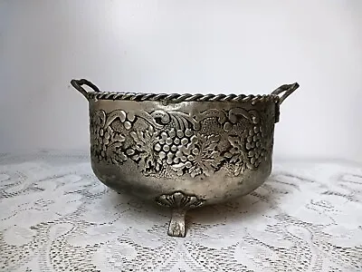  Vintage Hand Hammered Brass Footed Planter W/ Leaf Design • $78