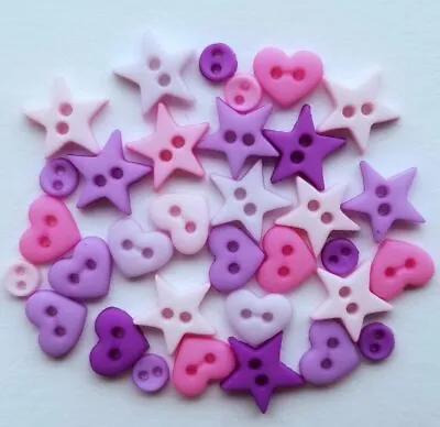 PRINCESS MIX - Micro Mini Hearts Stars Pink Purple Dress It Up Craft Buttons • £2.95