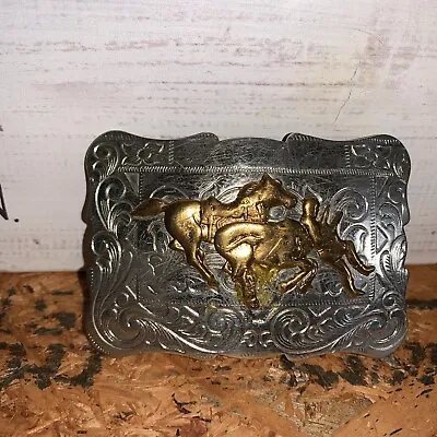 Vintage Nickel Satin Belt Buckle Silver Race Horses 1021 • $14.95