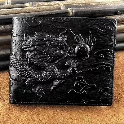 Mens Dragon Pattern Retro Genuine Leather Wallet Bifold Credit Card Holder Purse • $14.99