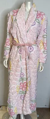 Vintage Neiman Marcus Chenille Long Robe M Pink Floral Pastel LS • $151.33