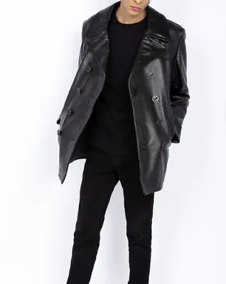 Long Trench Coat Black Halloween Formal Leather Casual Lambskin Stylish Men • $165