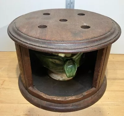  Antique Oak Wood Footstool Warmer Round With Stoneware Container • $24.53