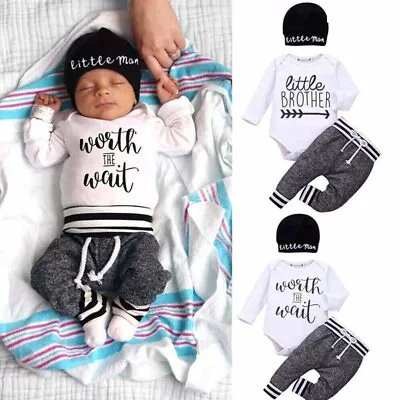 Baby Boy Newborn Clothes Little Man Romper+Leggings Pants+Hat 3Pc Outfits Set • $16.79