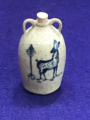 Vintage Miniature Folkart Double Handle Jane Graber Stoneware Jug Dollhouse Deer • $175