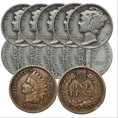 Lot Of 5 Silver Mercury Dimes (5 Pc. Lot) And 1 Full Liberty Indian Head Cent!  • $20