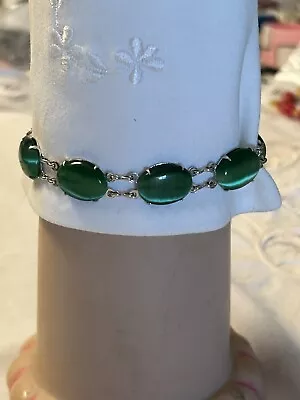 🔥 Stunning Vintage Jade Cabachon Glass Set In Silver Tone Link Bracelet 7.5” • $8