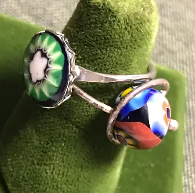 Lot Of 2 Vintage Millefiori Glass Rings Sterling Silver Wire Size 7 Adjustable • $18.99
