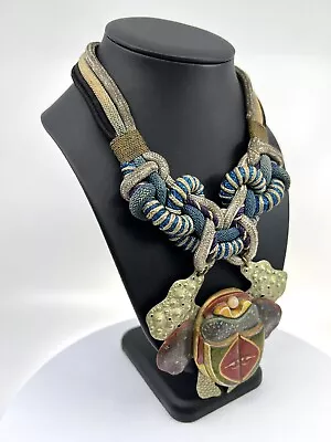 ALEX & LEE LOVE + PEACE Vintage Resin Metal Gemstone & Rope Necklace 17” • $1400