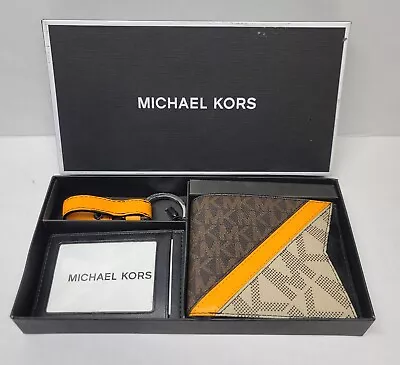 Michael Kors Colorblock Logo Brown/Mango Billfold Card Case Key Fob Box Gift Set • $89