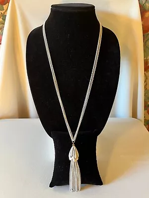 Vintage  Monet  White Enamel Over Metal Chain Necklace With Tassel Signed • $15