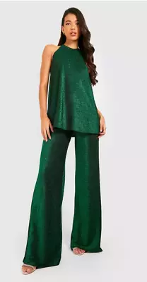 Boohoo Tall Green Glitter Wide Leg Trousers UK12 • £8