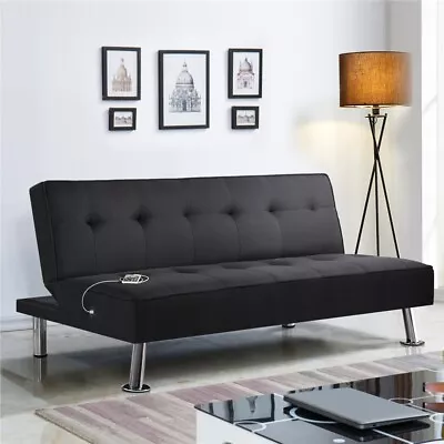 Modern Fabric Convertible Futon Foldable Sofa Bed Couch Sleeper With USB Black • $243