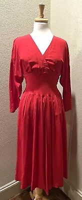 VTG Ann Tjan Kenar 2 100% Silk Red Long Sleeve MIDI Low Neckline Dress 4 • $45