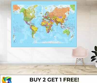 LAMINATED World Map Atlas Detailed Large Poster Art Print Gift A1 A2 A3 A4 A5 • £7.99