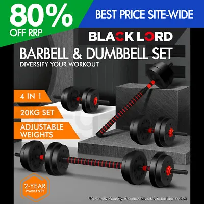 BLACK LORD 20kg Dumbbell Set 4in1 Adjustable Barbell Weight Home Gym Fitness • $85.95