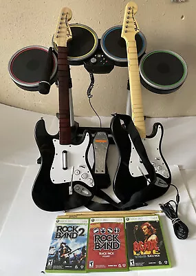 $333.39 • Buy Xbox 360 Rock Band Bundle Drums 2 Fender Stratocaster Guitars W/ Mic & Games