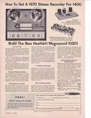 Vintage 1966 Heathkit/Magnecord 1020 Reel-To-Reel Tape Recorder Print-Ad / • $9.95