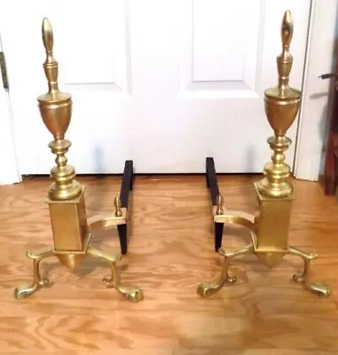 Vintage Brass & Cast Iron Andirons Firedogs Fireplace Matching Pair 20  High • $90