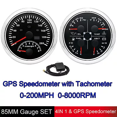 2 Gauge Set 85mm GPS Speedometer 0-200MPH W/Tacho 0-8000RPM & 85mm 4 In 1 Gauge • $92.56