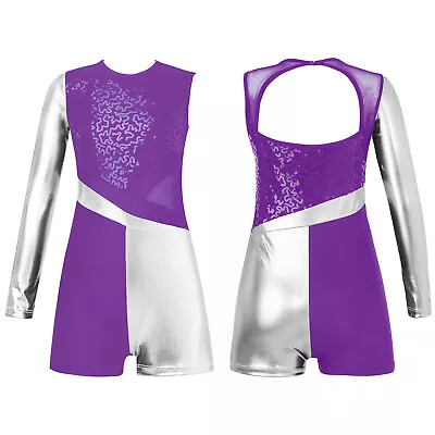 UK Girls Sparkling Metallic Shiny Leotard Jumpsuit Long Sleeves Ballet Dancewear • £5.51